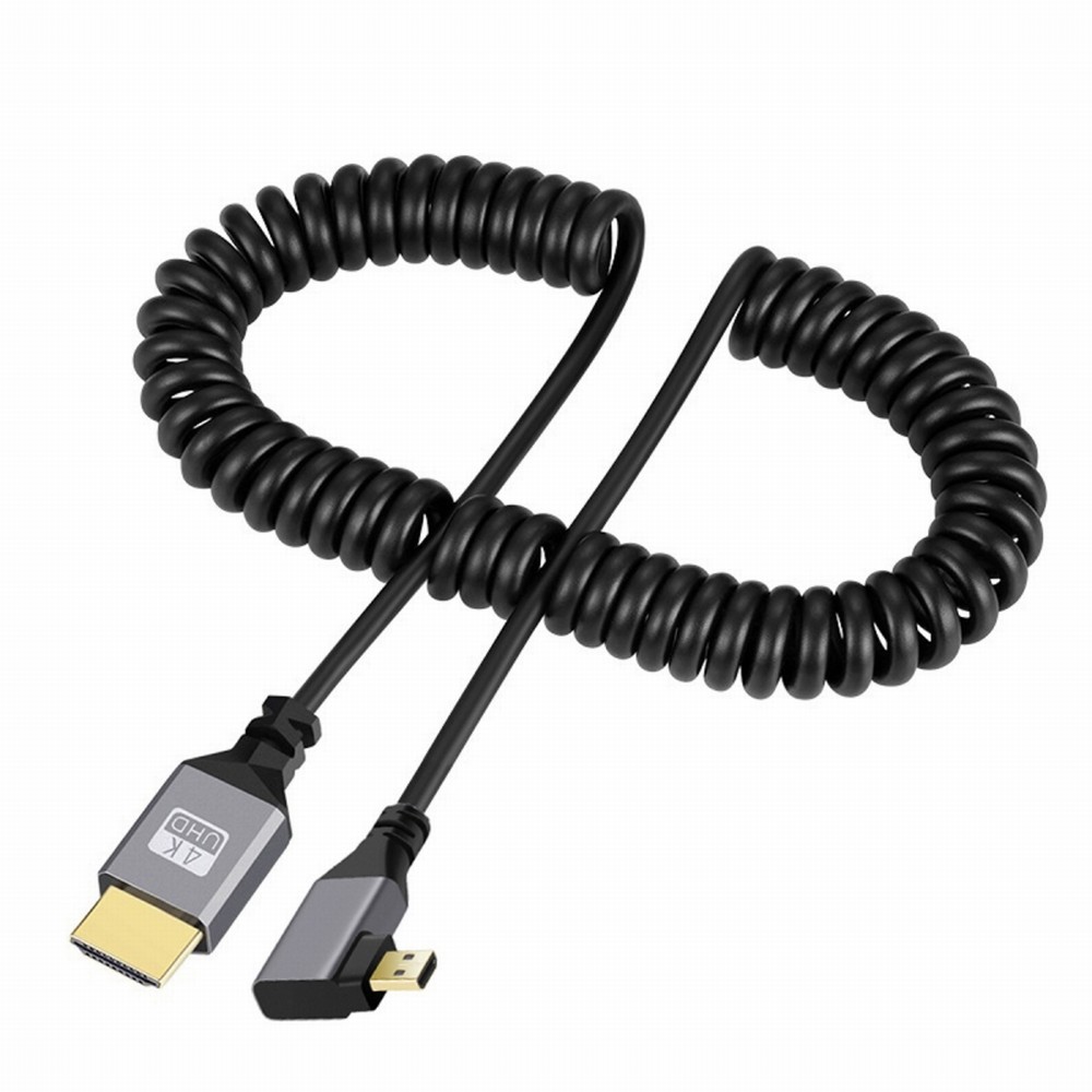 Micro HDMI 1.4 Male to HDMI Male 4K 60hz Stretch Coiled Cable Left Angled 90 Degree for HDTV Computer Laptop Monitor