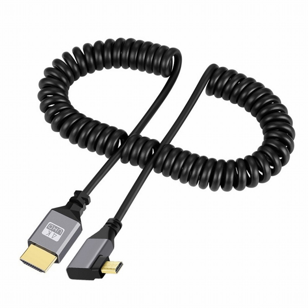 Micro HDMI 1.4 Male to HDMI Male 4K 60hz Stretch Coiled Cable Right Angled 90 Degree for HDTV Computer Laptop Monitor